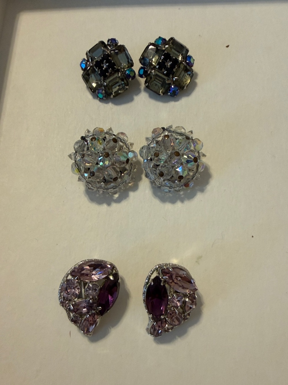 Crystal Cluster Clip-On Earrings Set - Purple, Clear, Silver/Blues